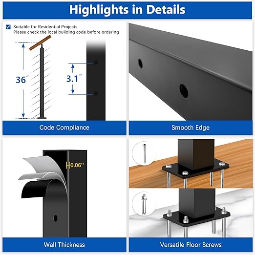 36" T304 Cable Railing Stair Post(Post 35"x2"x2"), Modular 33° Drilled Railing Post with Cable Grommets Fit for 28-38° Stairs, Adjustable Top Stainless Steel Black Finish Staircase Deck Post