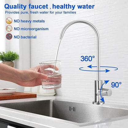 Drinking Water Faucet - Long Thread Stem Filtered Water Tap for Thick Countertop,Lead-Free RO Faucet with Hose and Push Connect Fittings(Brushed Stainless-Flat Top)