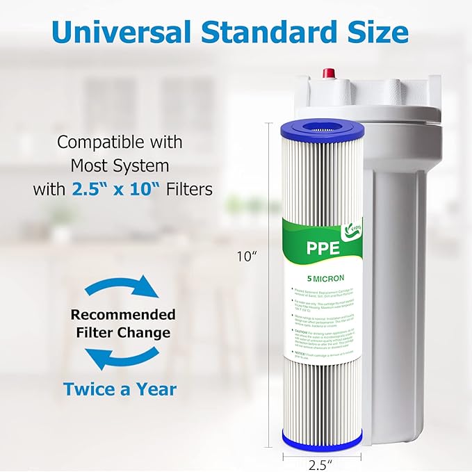 5 Micron Water Filter 10" x 2.5", 10-inch Whole House Sediment Pre-Filters for Well & Municipal water, Replacement Cartridge for FXWPC, EQ-PFC35, ECP5-10, S1, 3WH-STDPL-F02, SPC-25-1005, 6-Pack