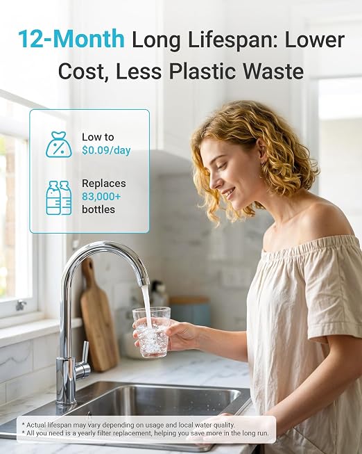 AQUA CREST UP16 Under Sink Water Filter System, Reduces up to 99.52% Chlorine, Bad Taste & Odor, Under Counter Water Filter Direct Connect to Kitchen Faucet, 11K Gallons