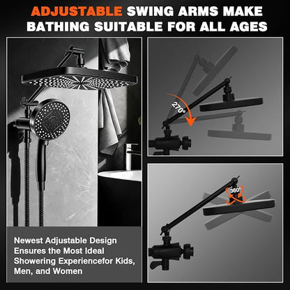 Black Shower Head with Handheld, Adjustable Rain Shower Head with Spray Combo, One-piece High Pressure Filtered Shower Head with Handheld, Built-in Magnetic Docking and Power Jets