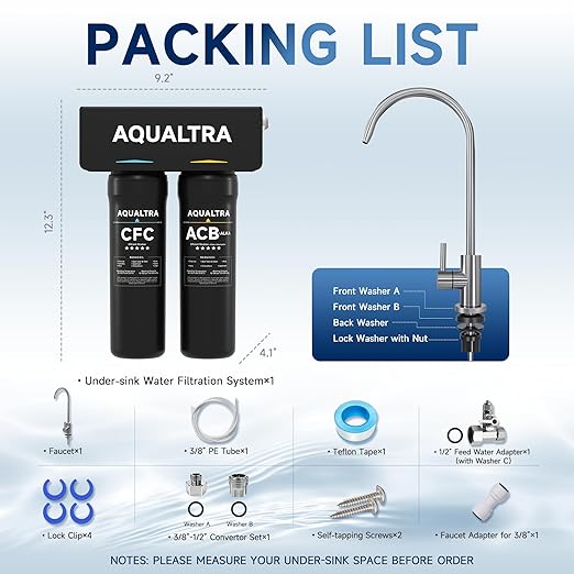 AQUALTRA USF-2F-10 Slightly Alkaline Under Sink Filter System, 20K Gal with Faucet, Reduce PFOA, PFOS, Chlorine, Lead, Mercury, Chloramine, Fluoride, Microplastics Particles, Bad Taste & Odor