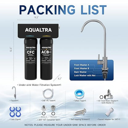 AQUALTRA USF-2F-10 Slightly Alkaline Under Sink Filter System, 20K Gal with Faucet, Reduce PFOA, PFOS, Chlorine, Lead, Mercury, Chloramine, Fluoride, Microplastics Particles, Bad Taste & Odor