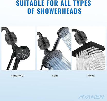 Ryamen Heavy Duty Shower Filter, Shower Water Filter, 99% REMOVAL Shower Head Filter for Hard Water, Heavy Metals, Chlorine (2 Cartridges, Black)