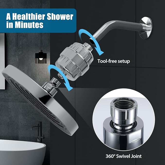 High Pressure Filtered Shower Head Combo with 15-Stage Water Softener Filter Cartridge, Effectively Removes Chlorine & Heavy Metals from Hard Water, Revitalizes Dry Skin and Adds Shine to Hair（Chorme）
