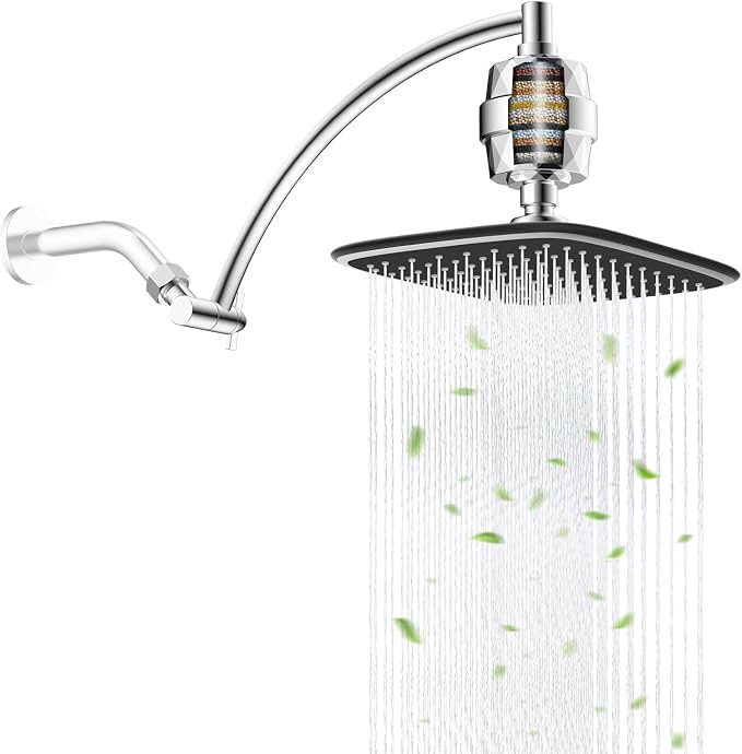 iFealClear Filtered Rain Shower Head with 12" Shower Head Extension Arm, 10" High Pressure Boosting Rainfall Showerhead, Metal Shower Extender Adjustable Height/Angle, 20-Stage Shower Filter, Chrome