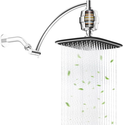 iFealClear Filtered Rain Shower Head with 12" Shower Head Extension Arm, 10" High Pressure Boosting Rainfall Showerhead, Metal Shower Extender Adjustable Height/Angle, 20-Stage Shower Filter, Chrome