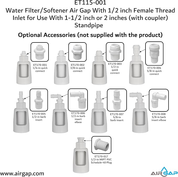 Water Filter/Softener Air Gap With 1/2-inch Female Thread Inlet for Use With 1-1/2-inch or 2 inches (with coupler) Standpipe (ET115-001, G-150, DLA-G15)