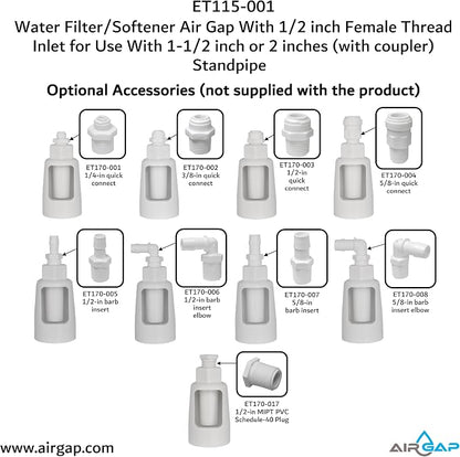 Water Filter/Softener Air Gap With 1/2-inch Female Thread Inlet for Use With 1-1/2-inch or 2 inches (with coupler) Standpipe (ET115-001, G-150, DLA-G15)