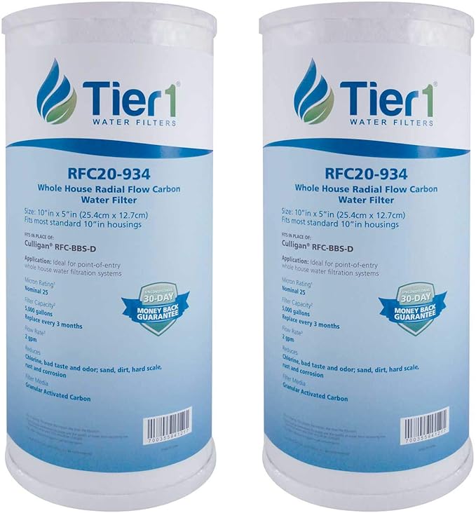 Tier1 25 Micron 10 x 4.5 Whole House Radial Flow Carbon Block Water Filter | Replacement for Pentek RFC-BB, FXHTC, 155141-43, WRC25HD | High Flow Filtration | 4.5 x 10 Water Filter Cartridge (2-Pack)