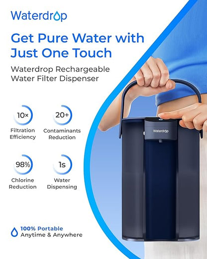 Waterdrop ED61B Water Filter Dispenser, 200-Gallon Rechargeable Water Pitcher, Instant 15-Cup Countertop System, 10X Filtration Efficiency, Reduce 98% Chlorine and 20+ Contaminants, Blue