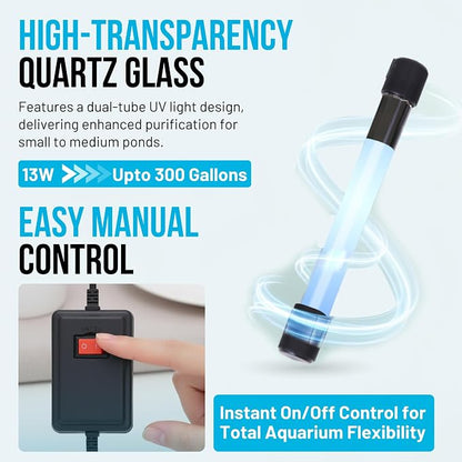 13W UV Water Sterilizer with 9.84 ft Cable for up to 300 Gallon Aquariums, Ponds & Pools - Professional UV Clarifier for Green Water Control in Koi Ponds, Fish Tanks, Spas & Cold Plunge