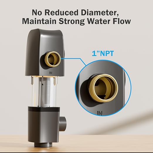 Frizzlife 40/100 Micron Spin Down Sediment Water Filter with Built-in Scraper & Pressure Display, Reusable Whole House Pre-Filter for City/Well Water, Washing Machine, Flushable, BPA Free, 1"&3/4" NPT