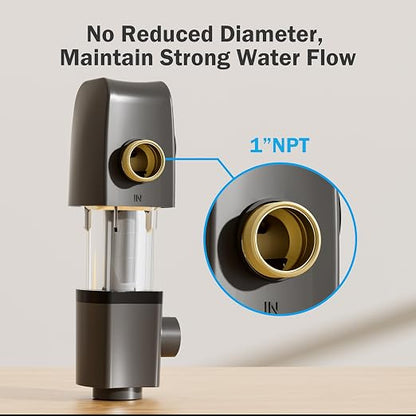 Frizzlife 40/100 Micron Spin Down Sediment Water Filter with Built-in Scraper & Pressure Display, Reusable Whole House Pre-Filter for City/Well Water, Washing Machine, Flushable, BPA Free, 1"&3/4" NPT