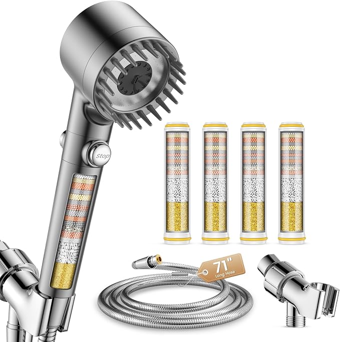 PWERAN Filtered Shower Head with Handheld, included 4 Filters, 4 Spray High Pressure ShowerHead with Filter for Hard Water, Remove Chlorine, ON/OFF Switch for Pet Bath 72" Hose