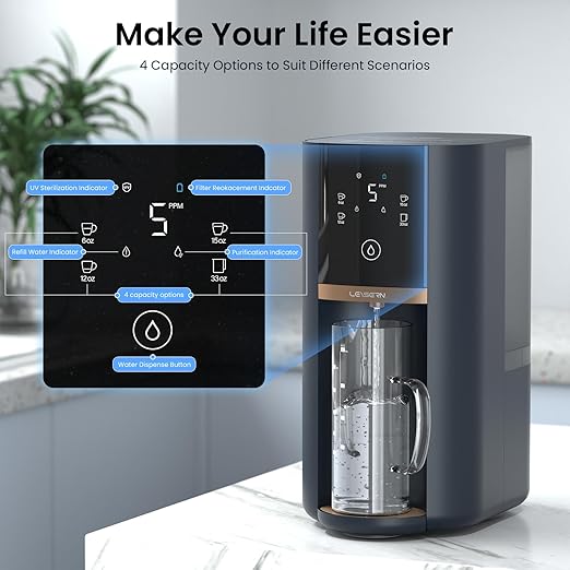 Leysern Reverse Osmosis Water Filter Countertop, No Installation, 5-Stage RO Filtration with UV and Remineralization, Portable Water Purifier with Pitcher, 360° Swivel Base, NSF/ANSI 372 Certified