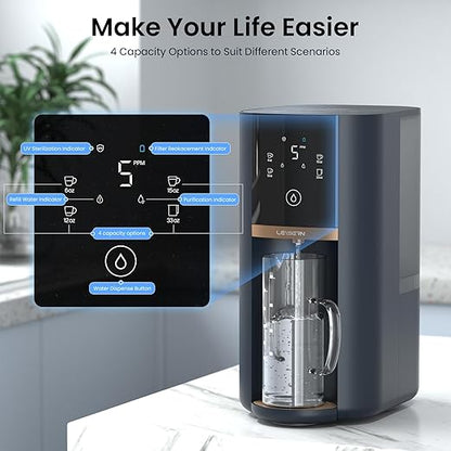 Leysern Reverse Osmosis Water Filter Countertop, No Installation, 5-Stage RO Filtration with UV and Remineralization, Portable Water Purifier with Pitcher, 360° Swivel Base, NSF/ANSI 372 Certified