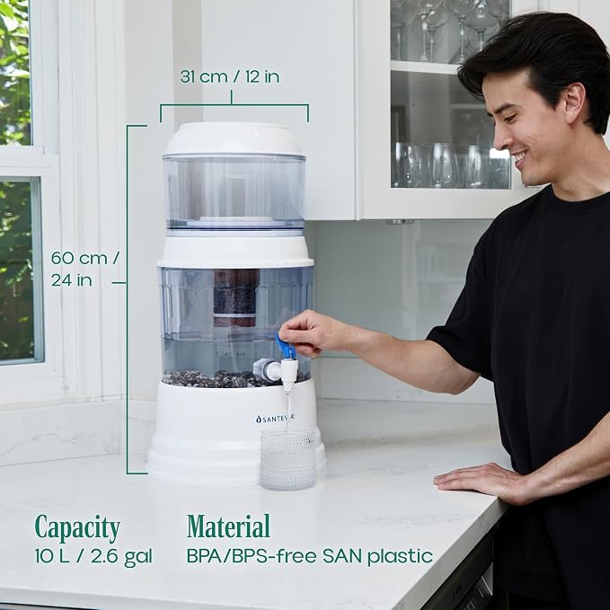 Santevia Gravity Water System Filter | at Home Water Filter That Makes Water Alkaline and Adds Minerals | Chlorine and Fluoride Filter (Countertop Model)