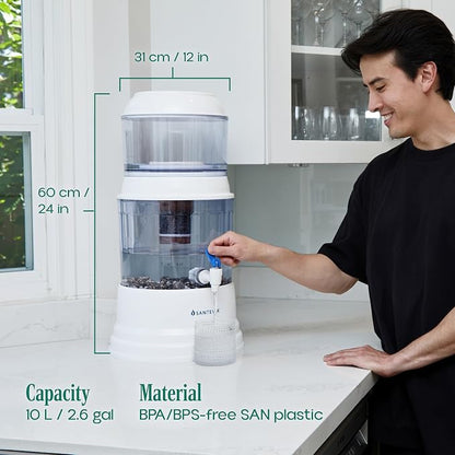 Santevia Gravity Water System Filter | at Home Water Filter That Makes Water Alkaline and Adds Minerals | Chlorine and Fluoride Filter (Countertop Model)