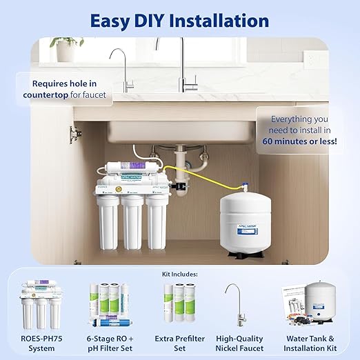 APEC Water Reverse Osmosis Water Filter System, WQA Certified, 6-Stage with Alkaline Mineral pH+ and Extra High Capacity Pre-Filter Set Stage 1-3, Ultra Safe Essence Series, 75 GPD
