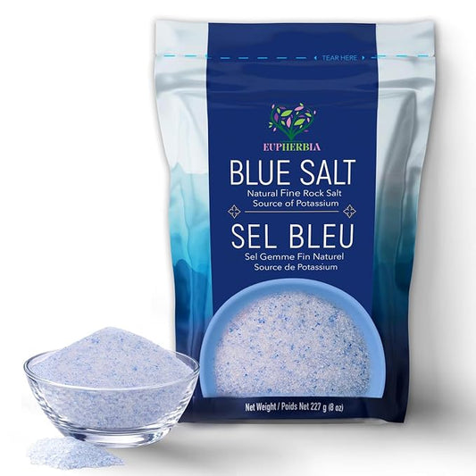 EUPHERBIA Blue Salt, Fine Grind, Rare Mineral Salt, High Potassium, Lower Sodium, Natural, Unprocessed, Hand Harvested, Kosher Certified (227g Fine Grind)