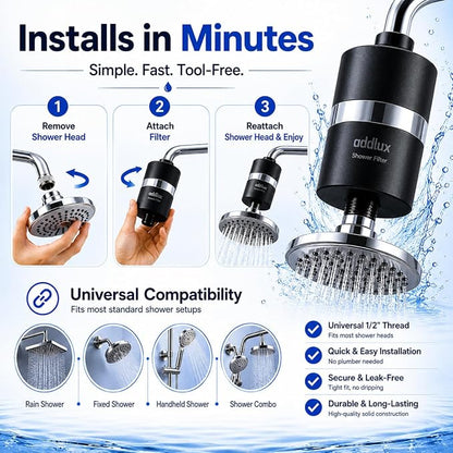 Lab Tested Titanium Shower Water Filter for Hard Water - No Plastic Core High Pressure Filtered Shower Head – Metal Home Water Filter for Healthier Skin & Hair (Black + Extra Cartridge Set)