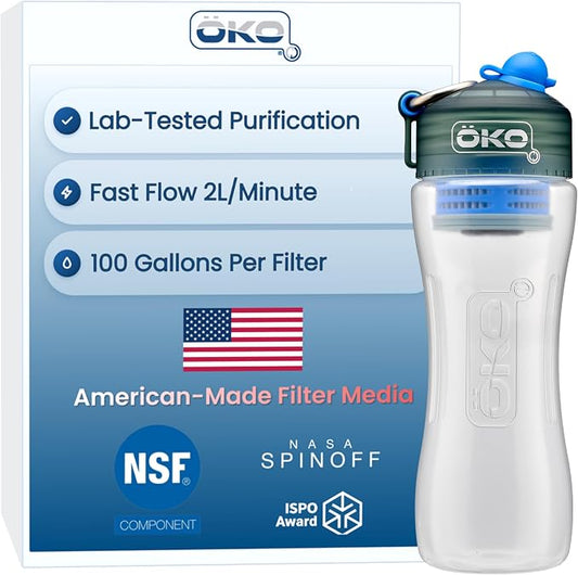 OKO H2O Purification Water Bottle with Advanced Filtration, Portable Water Filter Bottle for Travel, Hiking & On the Go, BPA-Free Reusable Bottle, Long Lasting 100 Gallon Filter, 22 Oz