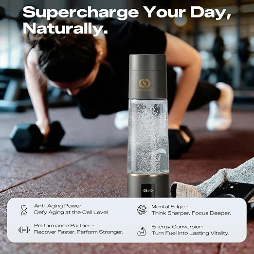 PUREPEBRIX Hydrogen Water Bottle Generator - Up to 6400 PPB & 12-Hour Hydrogen Retention - H2 Certified SPE/PEM Tech - Portable, Recovery & Thoughtful Wellness Gift (Grey)