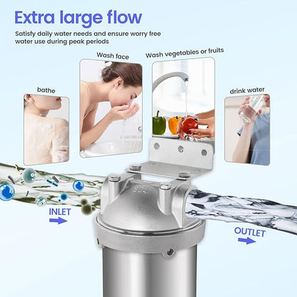 Amwater NSF/ANSI 42 Stainless Steel Whole House Water Filter Housing, 10" x 2.5" Sediment Water Filter System for Heavy Duty, Well & City Water, 1/2" NPT Port, Drain Valve Style A(Wing)