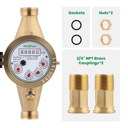 Watflow DN20 Water Meter 3/4" NPT, AWWA 708 Certification Gallon Water Flow Meter, Cold Water Meter for Garden/Home/Apartment, Horizontal Install.