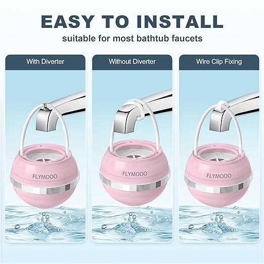 FLYMOOO Bath Filter for Tub, Bathtub Faucet Water Filter with 8 Stages & 2,500 Gallons of Filtration to Reduce Contaminants for Softer, Smoother Skin (Pink)