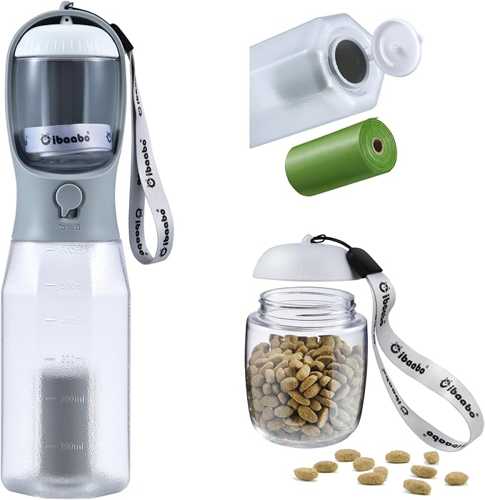 Cibaabo Dog Water Bottle with Food Container & Poop Bag Holder & Filter | Travel Water Bowl, Portable Pet Dispenser, Dog Gifts, Puppy Essentials for Walking Hiking
