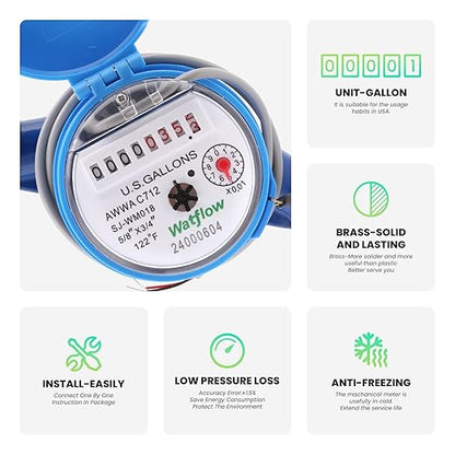 Watflow DN20 Water Meter 3/4" NPT,AWWA C712 Certification Gallon Water Flow Meter with Pulse Output, Cold Water Meter for Garden/Home/Apartment, Horizontal Install.