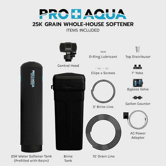 PRO+AQUA Heavy Duty Whole House Water Softener System – 25,000 Grain Capacity, Premium Long-Lasting Resin, 1" Ports