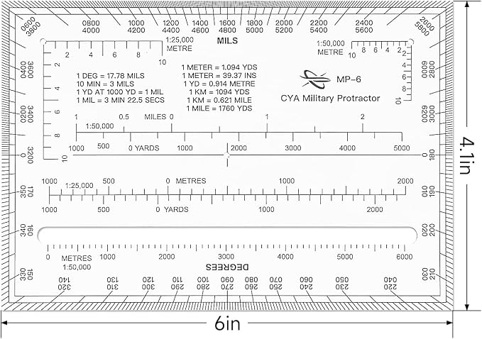 CYA MP-6 Square Military Map Protractor - Degrees Mils Coordinate Scale | Thick waterproof MP-6 map protractor with degrees & mils. Laser-cut for 1:25k, 1:50k & 1:100k UTM/MGRS coordinate grids