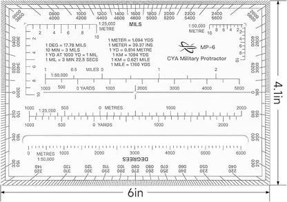 CYA MP-6 Square Military Map Protractor - Degrees Mils Coordinate Scale | Thick waterproof MP-6 map protractor with degrees & mils. Laser-cut for 1:25k, 1:50k & 1:100k UTM/MGRS coordinate grids