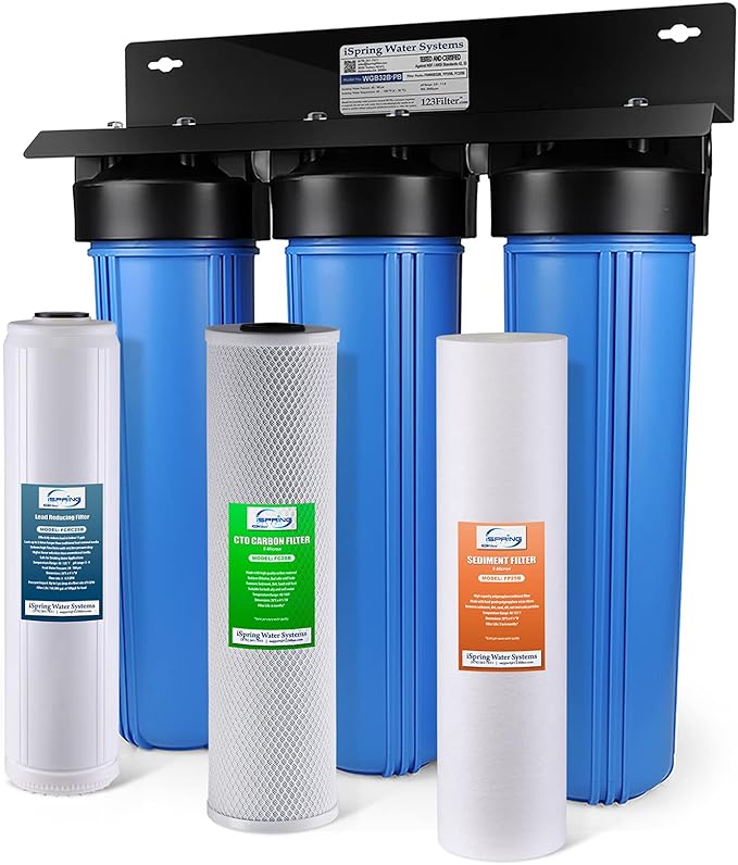 iSpring Whole House Water Filter System & WSP-50 Reusable Whole House Spin Down Sediment Water Filter, 50 Micron Flushable Prefilter Filtration, 1" MNPT + 3/4" FNPT, Lead-Free Brass