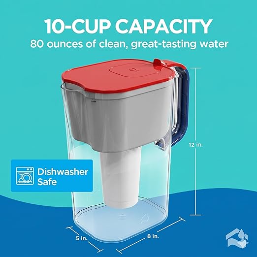 HOMEWATER 10-Cup Pitcher Filter (Red, White and Blue America Pitcher) – BPA-Free, High-Capacity 2.4L Fast-Flow Carbon Filter, Easy Pouring, Removable Filter Replacement, Locking Lid, Dishwasher-Safe