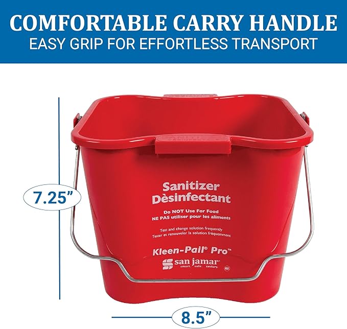 San Jamar Kleen-Pail Pro Sanitizer Pail Cleaning Bucket with Bail Handle for Cleaning, Kitchens, Restaurants, And Janitorial Use, Plastic, 6 Quarts, Red