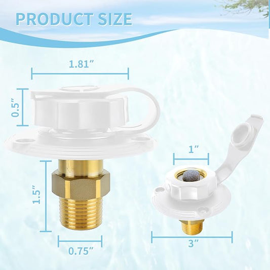 RV City Water Inlet, 3/4 NH to 1/2 NPT, White | Brass check valve with 3 in flange, dust cap and 3/4 NH to 1/2 NPT threads for RV, camper, trailer and marine use.