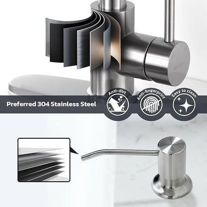 WEWE Kitchen Sink Faucet with Soap Dispenser, Kitchen Faucet with Pull Down Sprayer Stainless Steel Single Handle High Arc Pull Out Brushed Nickel Faucet for Bar Laundry RV Utility Sink