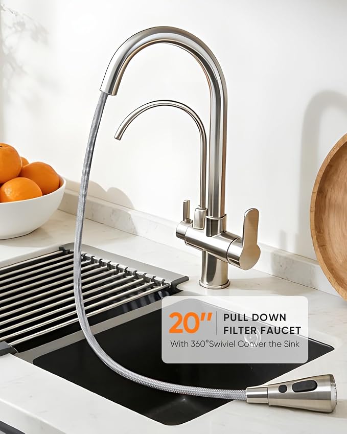 Kitchen Faucet with Water Filter Spout — 2-in-1 Brushed Nickel Pull-Down Sink Faucet, NSF-Certified Filtered Water Tap, Single-Handle with Detachable Deck Plate Fits 1 or 3 Hole by OWOFAN