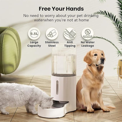 CZPET Dog Water Bowl Dispenser 9.5L, Wider Mouth & Upgraded Brush, Easy Cleaning Automatic Cat Gravity Refilling Waterer with Removable Stainless Steel Bowl, Large Drinking Area for Multi-Pet (White)