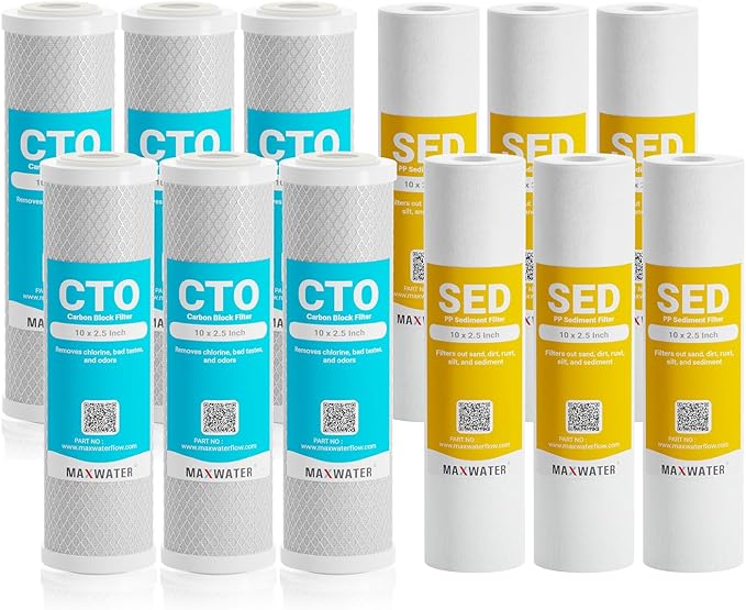Max Water 5 Micron Replacement Water Filter Set 10” x 2.5” Sediment & Carbon Block (PP + CTO), 12 Pack