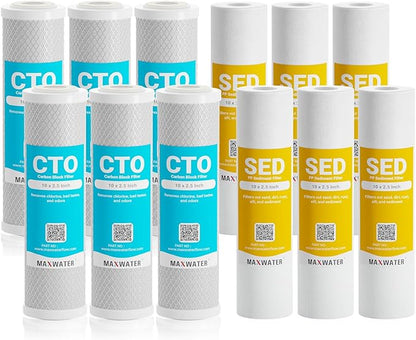 Max Water 5 Micron Replacement Water Filter Set 10” x 2.5” Sediment & Carbon Block (PP + CTO), 12 Pack