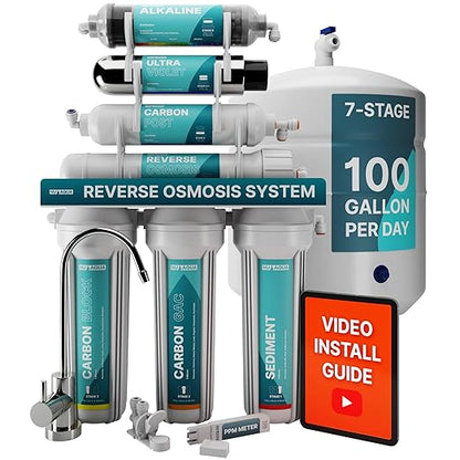 NU Aqua 7-Stage (12 Step Filtration) UV & Alkaline Under Sink Reverse Osmosis Water Filter System - 100 GPD RO Filtration & Remineralization - 100GPD Undersink - Home Kitchen Drinking