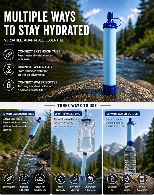 Water Filter, Lightweight Portable Water Filter Straw (2) | Emergency Survival Filtration System, Personal Water Purifier, Includes 480ml Reservoir & Tube, for Hiking, Camping, Travel