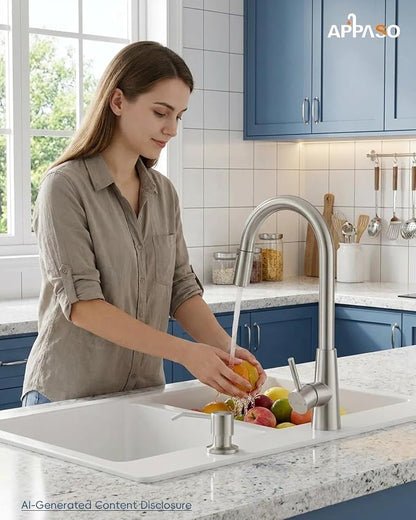 APPASO Brushed Nickel Kitchen Faucet with Soap Dispenser and Pull Down Sprayer, 2-Mode S304 Stainless Steel High Arc Faucet with Deck Plate for 1-4 Hole Sink, Lead-Free cUPC Certified