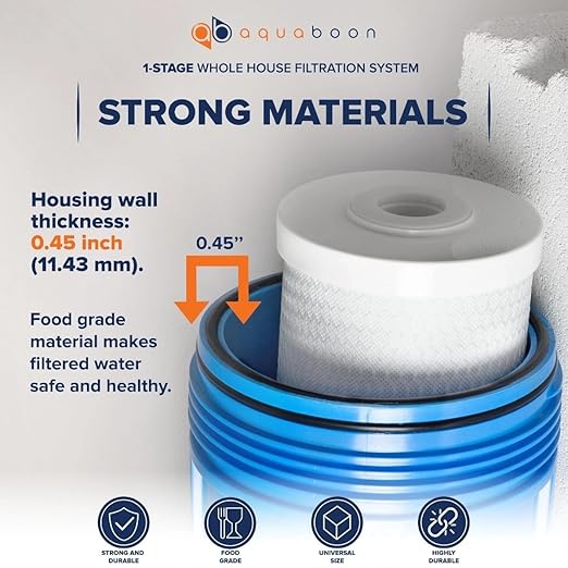 Aquaboon Whole House Water Filter System for Well Water with 5 Micron 10x4.5 Carbon Block Chlorine Reduction Cartrige | NSF Certified, Pressure Gauges & Releas, Wrench, Bracket 1" NPT
