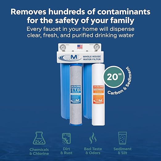 APPLIED MEMBRANES INC 2-Stage Whole-House Water Filter System with 4.5x20-Inch Sediment and Carbon-Block Filters, Removes Sediment, Chlorine, Chloramine, Chemicals, Taste, and Odor